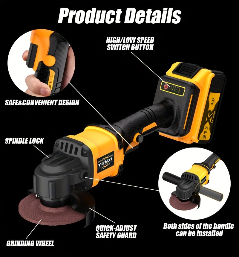 Grinder 2025 New Brushless Angle Grinder - Heavy-Duty Professional Multifunctional Sanding Machine/ Grinder, Quick Replacement of Cover, Soft Start And Safety Brake, Lithium-Ion Power Tool, Ergonomic Grip, Including Battery And Charg