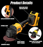 Grinder 2025 New Brushless Angle Grinder - Heavy-Duty Professional Multifunctional Sanding Machine/ Grinder, Quick Replacement of Cover, Soft Start And Safety Brake, Lithium-Ion Power Tool, Ergonomic Grip, Including Battery And Charg