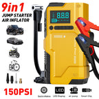 JKUOO Deluxe 9-in-1 Portable Air Pump, Car Jumper Starter with Inflator 150PSI Combo, Quick Activation Battery Power for Cars and 34.07 L/2.11G Diesel Engines, Vehicle Emergency Tool Kit Roadside Assistance, 4 Modes Adjustabl