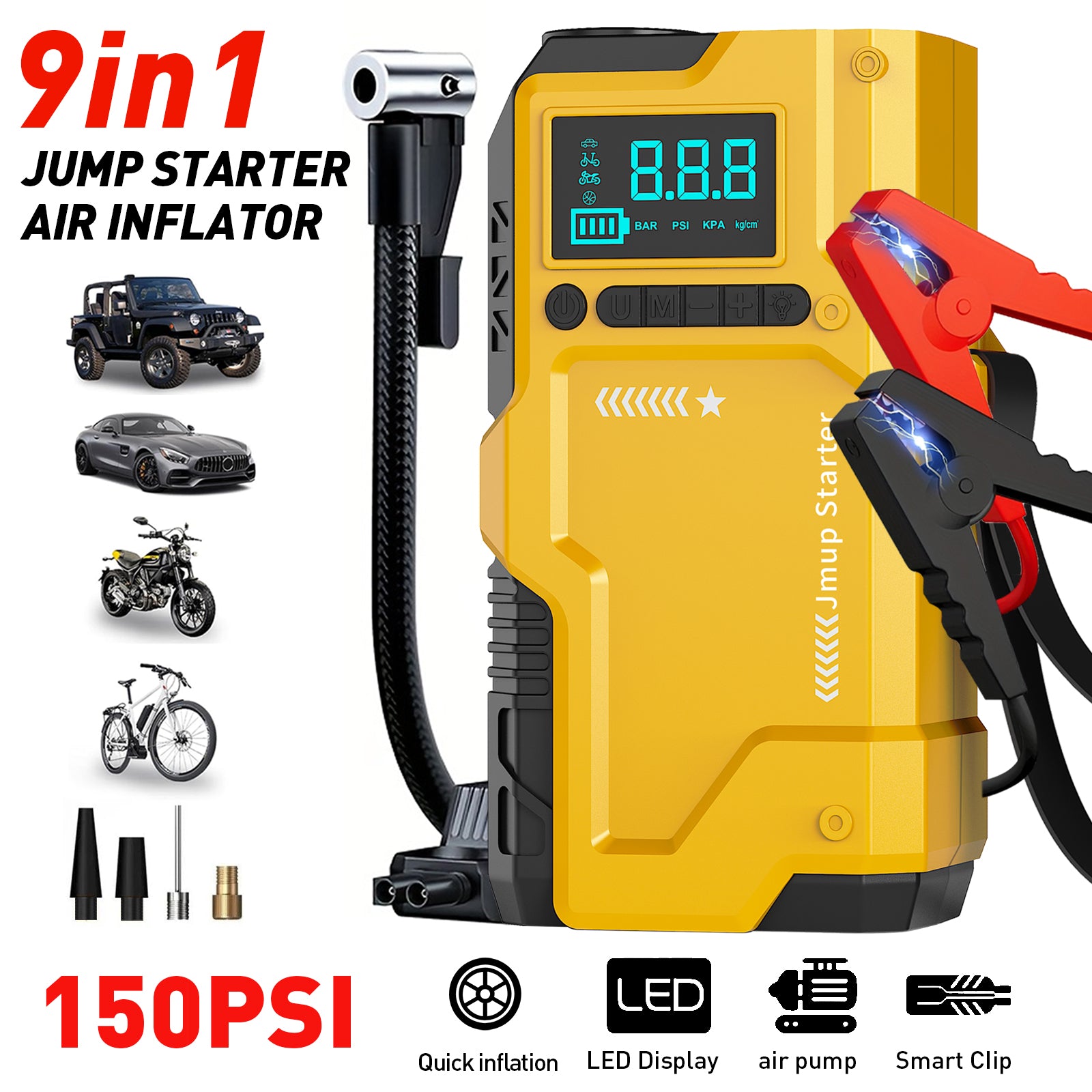 JKUOO Deluxe 9-in-1 Portable Air Pump, Car Jumper Starter with Inflator 150PSI Combo, Quick Activation Battery Power for Cars and 34.07 L/2.11G Diesel Engines, Vehicle Emergency Tool Kit Roadside Assistance, 4 Modes Adjustabl