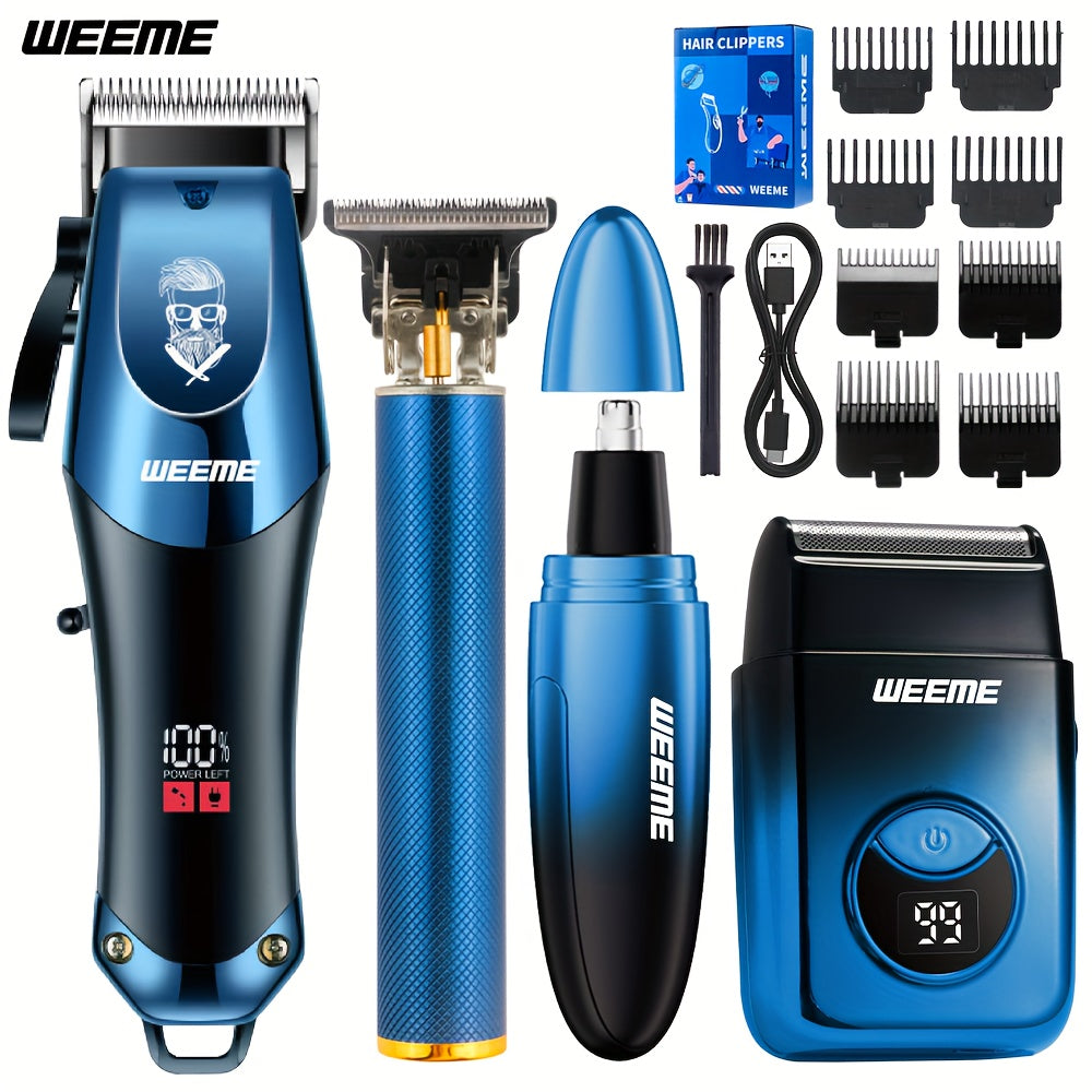 Set WEEME 4pcs Men's electric hair clipper, nose hair clipper, shaver set - wireless USB charging professional hair clipper set with lithium battery - his ideal gift, hair accessories | modern hair clipper tools | fashionable blu