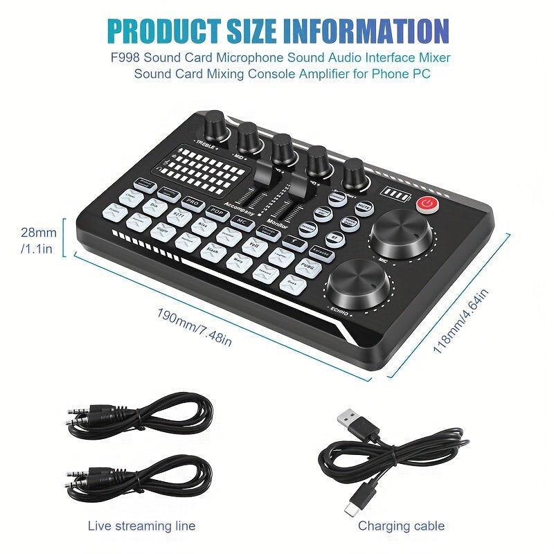 Sound Card USB-Powered Live  with Audio Interface, DJ Mixer Effects, Voice Changer, Rechargeable 1200mAh Lithium Battery, for Streaming, Podcasting, Gaming - Studio Equipment