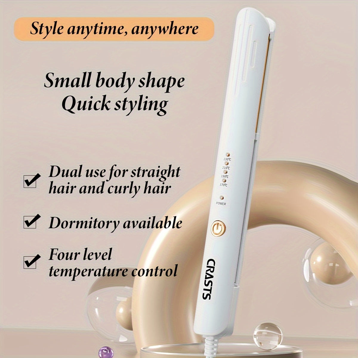 Hair Straightener CRASTS Titanium Flat Iron, 24W Unisex Adult  with 4-Temperature Settings, 220V Type C Plug, No Battery Required, for Straightening and Styling Hair, Home Use