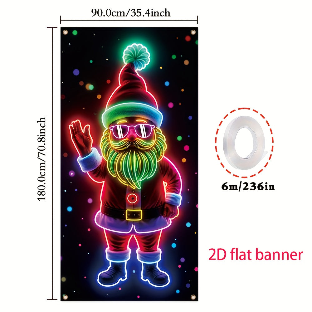 Door Banner 2D Flat, 1pc Festive Santa Claus Neon  - Durable Polyester, Glowing Christmas & New Year Party Decor
